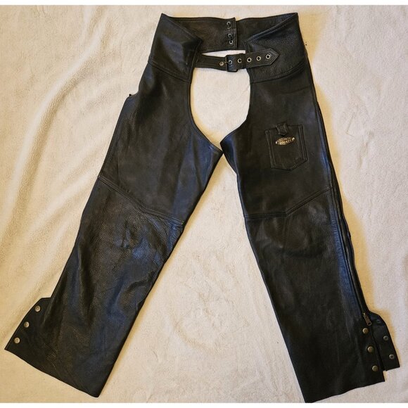 Joe Rocket Mens Black Leather Chaps Medium Open Back Pant 28"-32" Waist - Picture 1 of 13